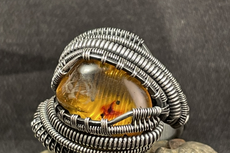 Amber w/ Insect Oxidized Sterling Silver Ring Size 12